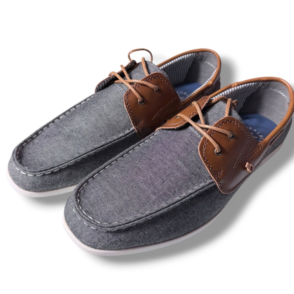 Globalwin Mens Sz 8.5 US Denim Boat Shoes Brown Leather Accents Lace Up Casual